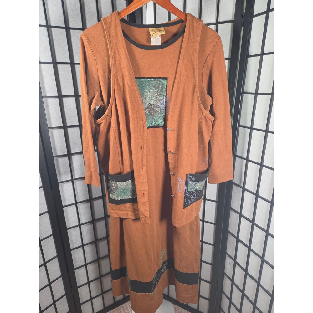 Vtg Blue Cactus Womens Small Rust Cotton 2pc Dress Vest Set Southwestern Boho